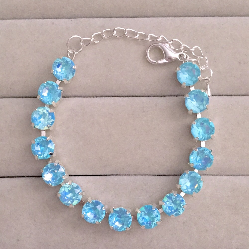 Aquamarine Opal Aurora Borealis + Silver Crystal Tennis Bracelet - Picture 6 of 9